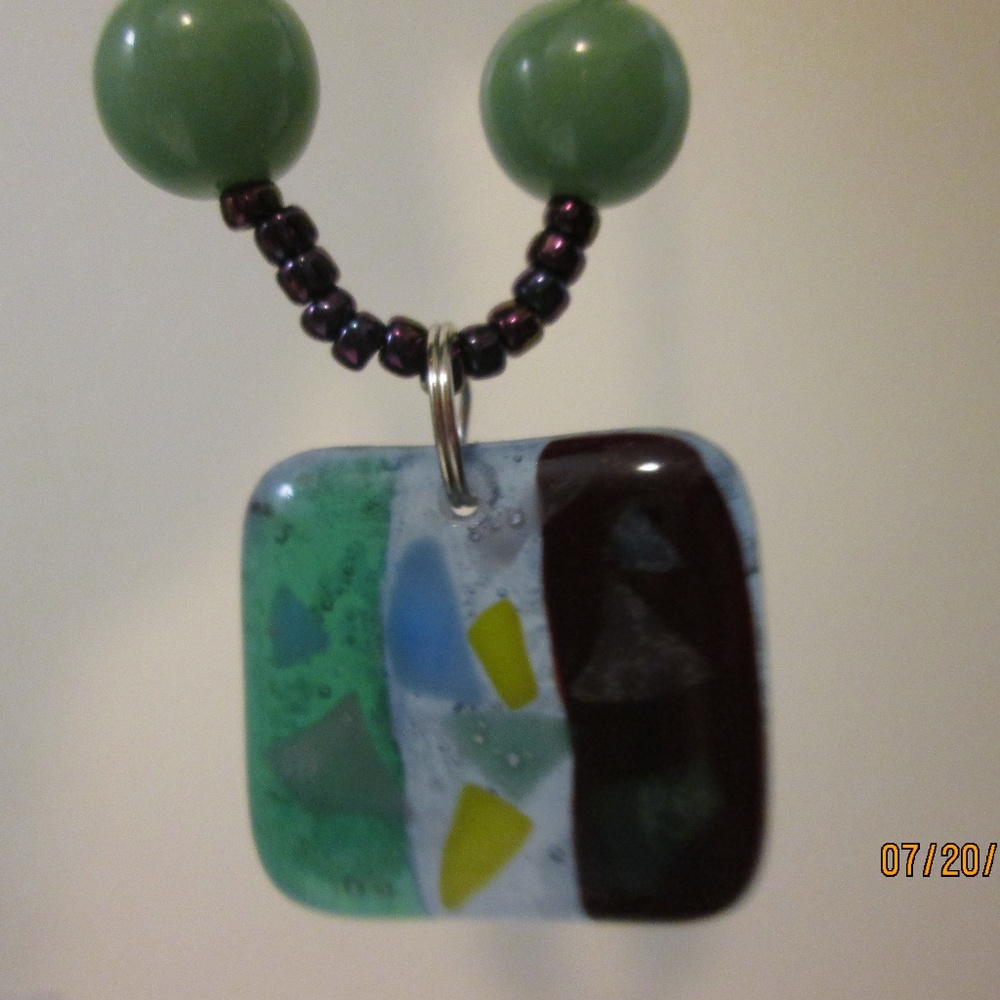 Handmade Fused Glass pendant with green aventurine